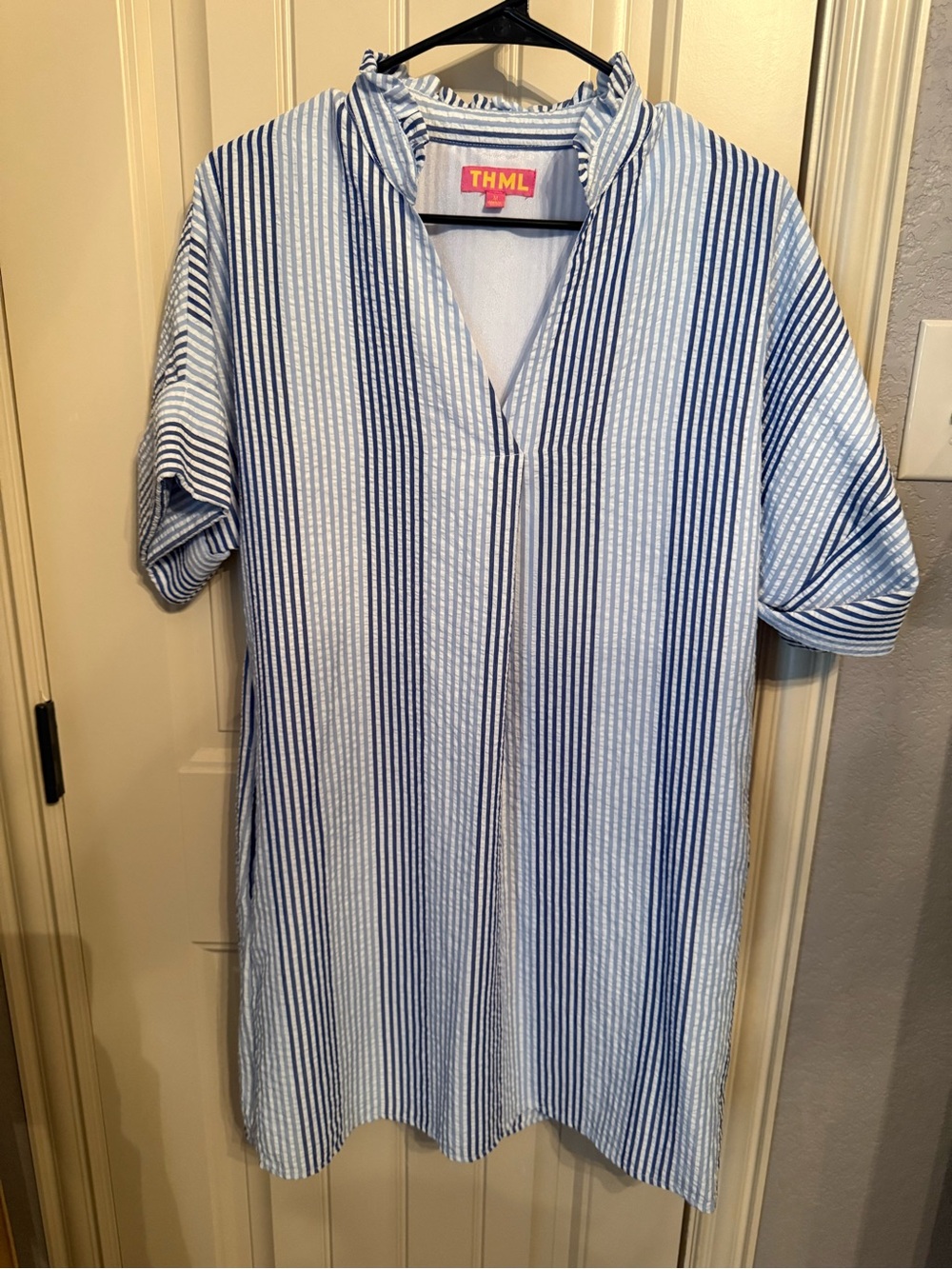 THML Women’s Light Blue & Navy Vertical Stripe Button-Down Dress Shirt